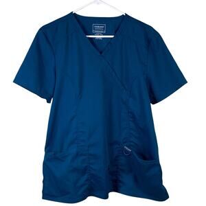 Cherokee Workwear Revolution Scrubs Top Womens Size Large Blue WW610 Mock Wrap